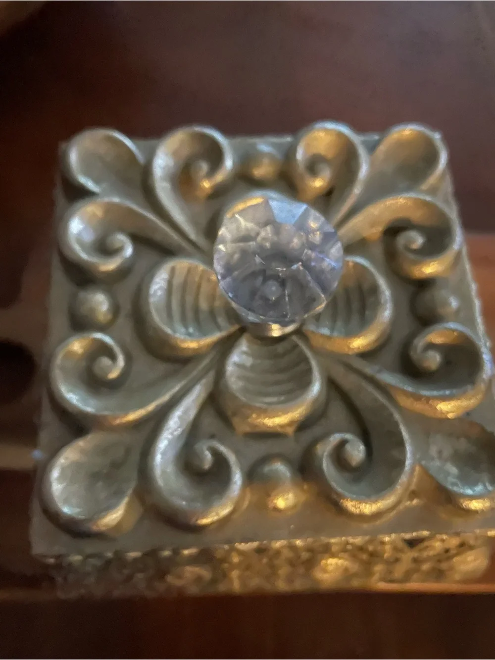 Decorative Gold Filigree Jewelry Box with Crystal Knob